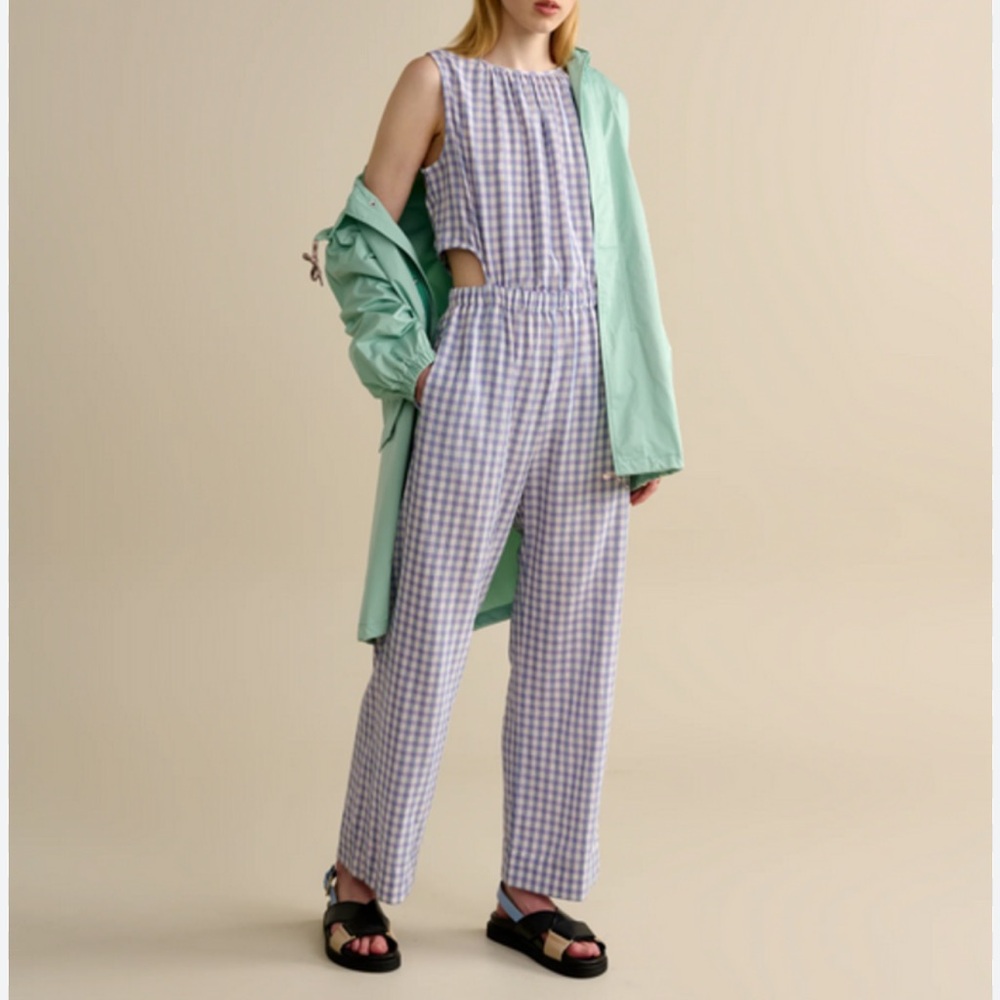 Bellerose Papaye Jumpsuit Purple Gingham Plaid Cutout Preppy Cottage Country 1